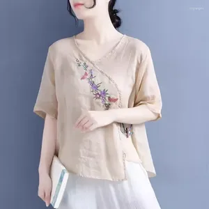 Blusas femininas 2024 Verão estilo étnico bordado floral Blusa Mulheres V Camisa de linho de algodão pesco