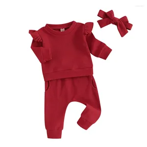 Set di abbigliamento abiti da bambina per bambini piccoli a colori solidi felpa con volant e pantaloni in vita elastica set di abiti invernali autunnali