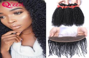 Mongolian Kinky Curly Virgin Human Hair 3 Bundles With Ear to Ear Lace Frontal Unprocessed Human Remy Hair Bleached Knots 8972315