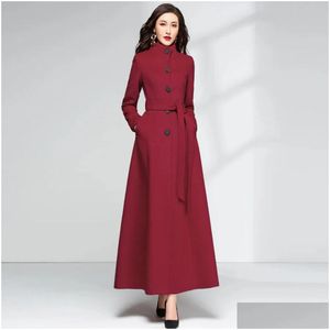 Womens Wool Blends Women Overlength Woolen Coat Autumn Winter Fashion Stand Collar Thicken Warm Lacing Overcoat Slim Long Outerwear Dr Dh2Wr