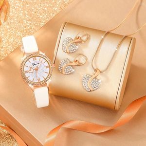 Wristwatches 4Pcs Women's Fashion Trend Diamond Digital Leather Strap Quartz Watch Full Luxury Designer Love Necklace Earrings Set