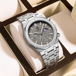 Wristwatches Brushed Steel Case Mens Watches Top Silver Stainless 30m Waterproof Quartz Watch For Men Military Moon Phases