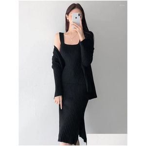 Work Dresses Women Knitted Cardigan And Dress Suits Long Sleeve Knit Coat Strap 2 Piece Female Autumn Sweater Set Drop Delivery Appare Dhbmq