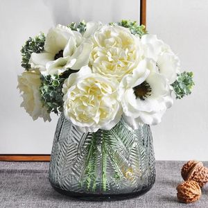 Dekorativa blommor nordiska vackra peony konstgjorda vita siden handskrivna anemon bukett bröllop hem dekor diy scrapbook falsk