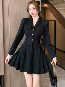 Casual Dresses Black Long Sleeve Bodycon Pleated Short Dress for Women Autumn Winter Elegant Office Lady 2024 Korean Vintage Party