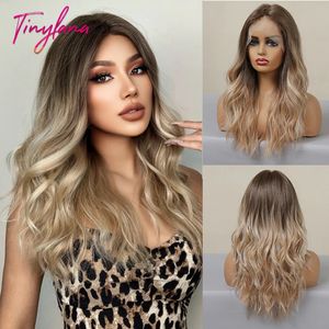 Long Wavy Synthetic Lace Front Hair S Midnlend Brown Blonde ombre para mulheres Afro Cosplay Diário Resistente ao calor 240327