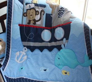 Conjunto de roupas de cama de bebê de vela azul 7pcs Bedding Bedding Conjunto de roupas de cama de berço para bebês Conjunto de berço de pó Bordado de pó de bordado Monkey El9646815