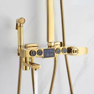 Hot Cold Digital Gold Shower Faucet Set Badrum Termostatiskt mixer Regn System Bath Wash Spa Regn Trap Modern Golden Grifos