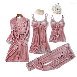 Hemkläder Casual Velor 4st Sleep Set intim underkläder Kvinnor Pyjamas kostym långärmad spets sammet hemkläder pyjamas