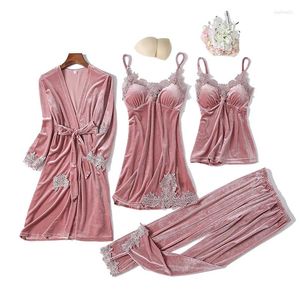 Домашняя одежда повседневная велюра 4pcs Sleep Set intimate Lingerie Women Pajamas костюм с длинным рукавом кружево бархатная домашняя одежда пижамы