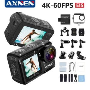 Kameras Axnen 4K wasserdichte Actionkamera, EIS Anti Shake -Video -Sportkameras, mit Touchscreen, Dual Screen -Action -Kamera, Webcam