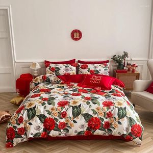 Bedding Sets Luxury Red Wedding Set Skin-friendly Flowers Digital Printing Quilt/Duvet Cover Bed Linen Fitted Sheet Pillowcases