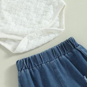 Kleidungssets Baby Girls Sommer-Overalls mit schulteren Blumenspitze und elastische, lässige, zerrissene Denim-Flared Hosen