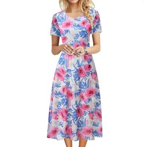 Casual Dresses Swing Dress for Women Fashion V Neck Short Sleeve Floral Print Plain Fit Simple T Shirt Loose Flowy