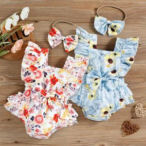 Clothing Sets Cute Baby Short Sleeve Floral Print Ruffle Skirt Romper Bow-Knot Headband Toddler Infant Girls 2Pcs Set 0-18M