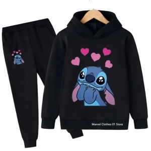 Garotas Stitch Hoodie Conjunto de mangas compridas roupas de mangas compridas 3-14 anos sets infantis sets de meninos casuais capuz de traje + conjuntos de calças