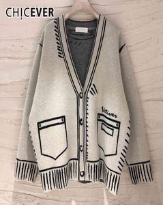 Chicever Casual Loose Sweaters for Women Print V Neck Long Sleeve Plus Size Elegant Cardigans Female Mode Clothing Style1874583