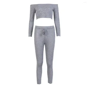 Hemkläder Kvinnor Kläder Set Lamer Tracksuit Hoodies Crop Tops Pants Set Wear Casual Suit Solid Grey 2st Pyjamas