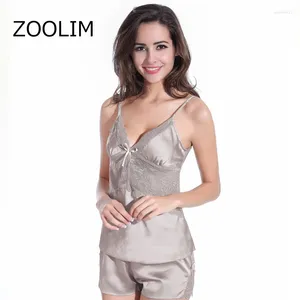 Hemkläder Zoolim Women Pyjamas Set Sleep Lounge Lovely Bowknot Satin Sleepwear Sexy Nightwear 2 Pieces Pyjama Femme Silk V-Neck kostym