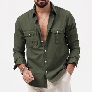 Army Green Tactical Cargo Shirt For Men Chest Two Pockets Long Sleeve Men's Shirt Stylish 2023 Trend Loose Casual Chemise Hombre