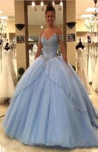 Светлое голубое платье Quinceanera платья 2022 Кеп -рукава спагетти.