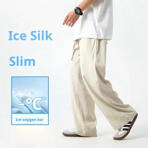 Calça masculina homens homens frios gelo de seda casual casual solto solto cor liso de cor sólida versátil resistente a rugas resistentes ao longo