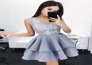 2017 New Arrival Elegant V Neck Lace Homecoming Dresses Layers Sleeveless A line Short Cocktail Dresses Girls Party Gowns Mini5345546