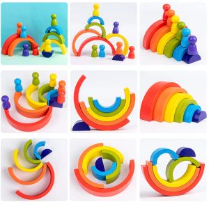 Drewniane zabawki DIY Zgromadzone House Rainbow Builds Ustaw dzieci Montessori Early Learning Stacked Balance Education