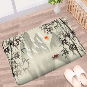 Bath Mats Chinese Style Bamboo Mat Ink Painting Scenery Green Plant Pattern Non-slip Rugs Home Decor Bathroom Kitchen Entrance Carpet