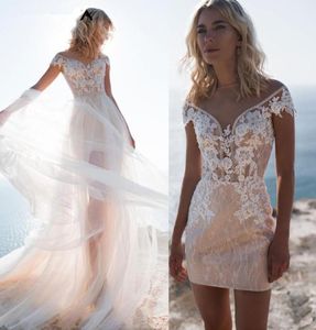 Inne sukienki ślubne plaż 2 sztuki Krótka spódnica z odłączającymi się koralikami pociągowymi aplikacji koronkowa suknia ślubna Dostosuj rękaw 4671647