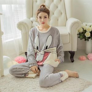 Home Clothing Women Cartoon Bugs Flannel Sleeping Pullovers Wear Set Leisure Coral Fleece Loose Thermal Comfortable Pajama