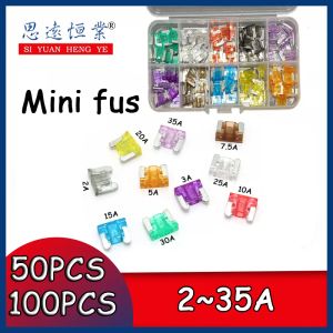 100/50pcs/pudełko Mini samochód Bezpieczeństwo Blorów Automotive Micro Fuse Asortment w ramce 2A/3A/5/A/7,5A/10A/15A/20A/25A/30A/35A