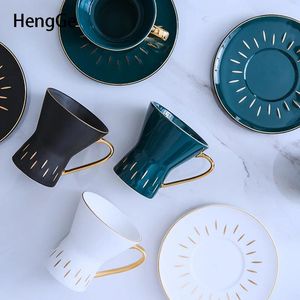 Mugs Simplicity Golden Stroke Ceramic Coffee Cup With Disc Nordic Solid Color Dessert Milk Mug Office Ceramics Tea Home Drinkware