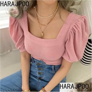 T-shirt femminile femminile Thirts harajpoo Fashion French Vintage Square Bubble Maniche Top Women Summer Short Elegant 2023 Drop Del Dhai6