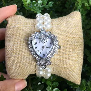 1pcs moda kadınlar rahat inci string aşk kalp izle cazibe bilezikler kristal rhinestone kayış kuvars bilek kadın saat