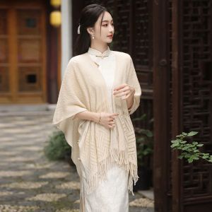 2024 Spring Autumn New Chinese Style Ball Qipao Shawl Elegant Poncho Vintage Ethnic Style Tassel Cape Ladies Travel White Cloak