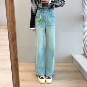 Pantaloni a doppia fila Nuovi jeans estate con gamba dritta ad alta elastica alta