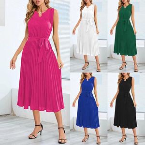 Casual Dresses Solid Boho Wrap O V Neck Sleeveless Summer Sexy Outfits Plus Size Party Flowy Pleated a Line Long Dress