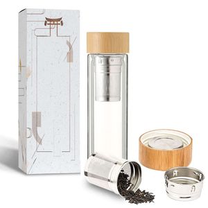 New Unique High-end Double Wall Insulated Tea Fruit Long Infuser Glass Water Bottle with Bamboo Lid