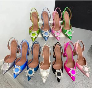 Amina muaddi Dress Shoes sandals Satin pointed slingbacks Bowtie pumps Crystal-sunflower high heeled shoes Women's Luxury Designer shoes Party Wedding Shoe With box