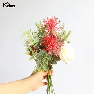 Decorative Flowers Meldel Rose Artificial Silk Flower Mixed Bouquet Fake Red Sea Urchin Fabric Decoration For Wedding Home Accessories Flore