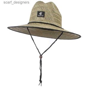 Breitkrandhelte Bucket Hats New Wide Rand Strohhut Herren Rettungsschwimmer Sommerschutzhut schwarze Seite Outdoor Panama Hut Y240409