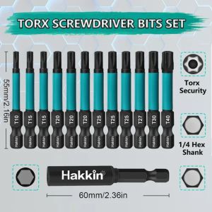 13st 55mm Torx Bit Set With Bit Holder Security Torx Star Bits 1/4 tum Hex Shank Magnet Tamper Resistant Screwtriver Bit