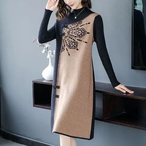 Casual Dresses Mid Aged Brodery Half High Collar Patchwork 2024 Autumn Loose Vintag Fashion Dress Women Kne Length Pullover