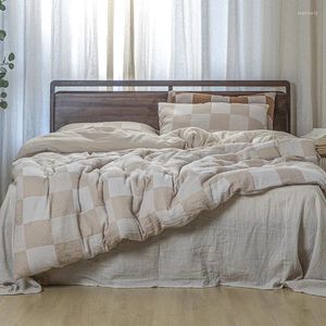 Bettwäsche-Sets Doppelschicht Gaze Baumwoll Nordic Gitter Set Plaid Quilt Cover Bett Betträter Matratzenmatratze Leinenkissenbezüge