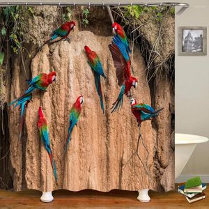 Cortinas de chuveiro 3D pássaros coloridos papagaio imprimido paisagem natural banheiro impermeável com decoração de ganchos