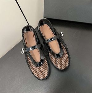 Gaoding niche Ala mesh buckle strap ballet shoes womens flat shoes hollowed out Mary Jane single shoes fishing net shoes ghwee