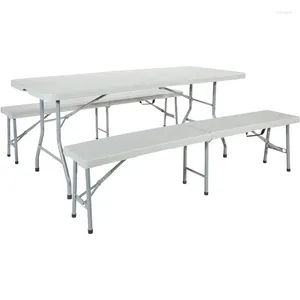 Camp Furniture Office Star Resin For Indoor Or Outdoor Use 3-Piece Set 2 Folding Benches And 6 Foot Table Picnic