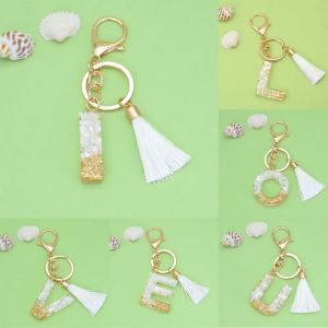 Gold Letter Alphabet Keychain Cute Creative Glitter Gradient Resin English Letter Keyring With Tassel Pendant Friend