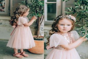 Cute Blush Pink Flower Girl Dresses Sparkly TeaLength Birthday Party Pageant Gown Sequined Formal Wedding Dress3691370